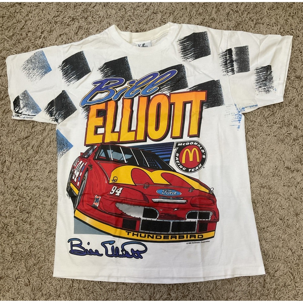 Vtg 90s Bill Elliott Nascar McDonalds All Over Print T-Shirt Size L 1995
